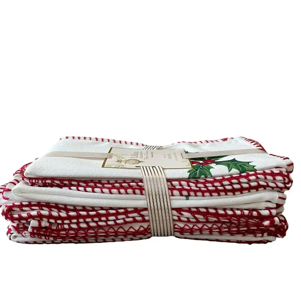 Lillian August Holly Berry Christmas Dinner Napkins Set of 8 Embroidered 18x18